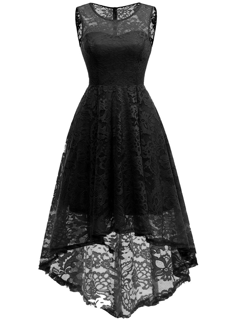 MUADRESS Women's Elegant Floral Lace Dress Sleeveless Crew Neck Hi-Lo Cocktail Prom Dress for Evening Party Black M - Image 4